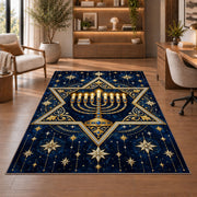 Star of David Menorah Rug in a home office with wooden shelves