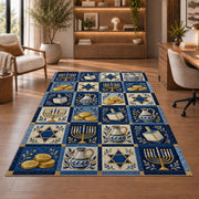 Hanukkah Patchwork Rug in a home office with wooden shelves