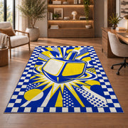 Pop Art Dreidel Rug in a home office with wooden shelves
