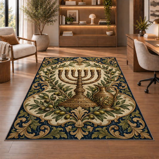 Antique Brass Menorah Rug in a home office with wooden shelves