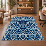 Star of David Lattice Rug in a home office with wooden shelves