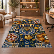 Hanukkah Table Rug in a home office with wooden shelves