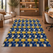 Gold Coin and Dreidel Rug in a home office with wooden shelves