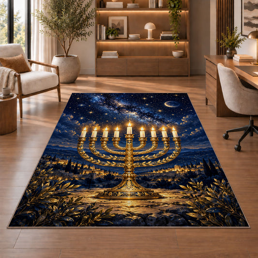 Menorah Starry Night Rug in a home office with wooden shelves