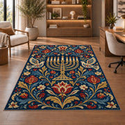 Folk Art Menorah Rug in a home office with wooden shelves