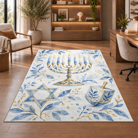 Watercolor Hanukkah Rug in a home office with wooden shelves