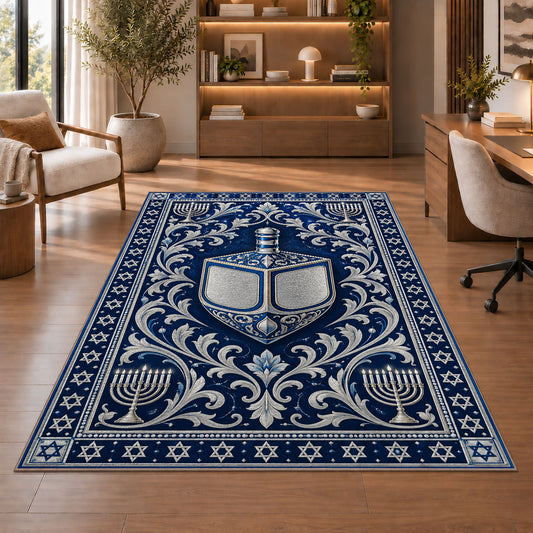 Silver Dreidel Rug in a home office with wooden shelves