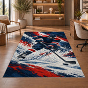 Hockey Player Ice Spray rug in a home office with wooden shelves