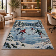 Pond Hockey in the Pines rug in a home office with wooden shelves