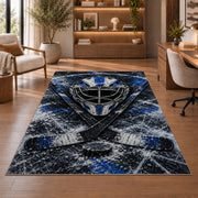 Goalie Mask Crossed Sticks rug in a home office with wooden shelves