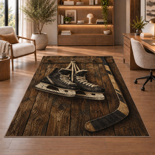 Hockey Skates on Barn Wood rug in a home office with wooden shelves