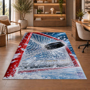 Puck Hitting the Net rug in a home office with wooden shelves