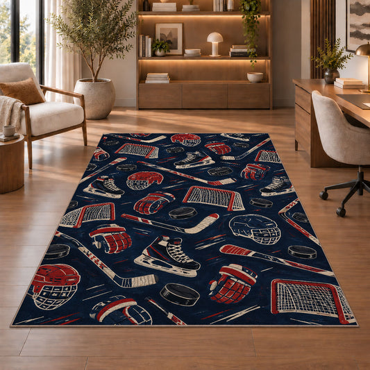 Hockey Gear Pattern rug in a home office with wooden shelves