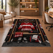 Hockey Locker Room rug in a home office with wooden shelves