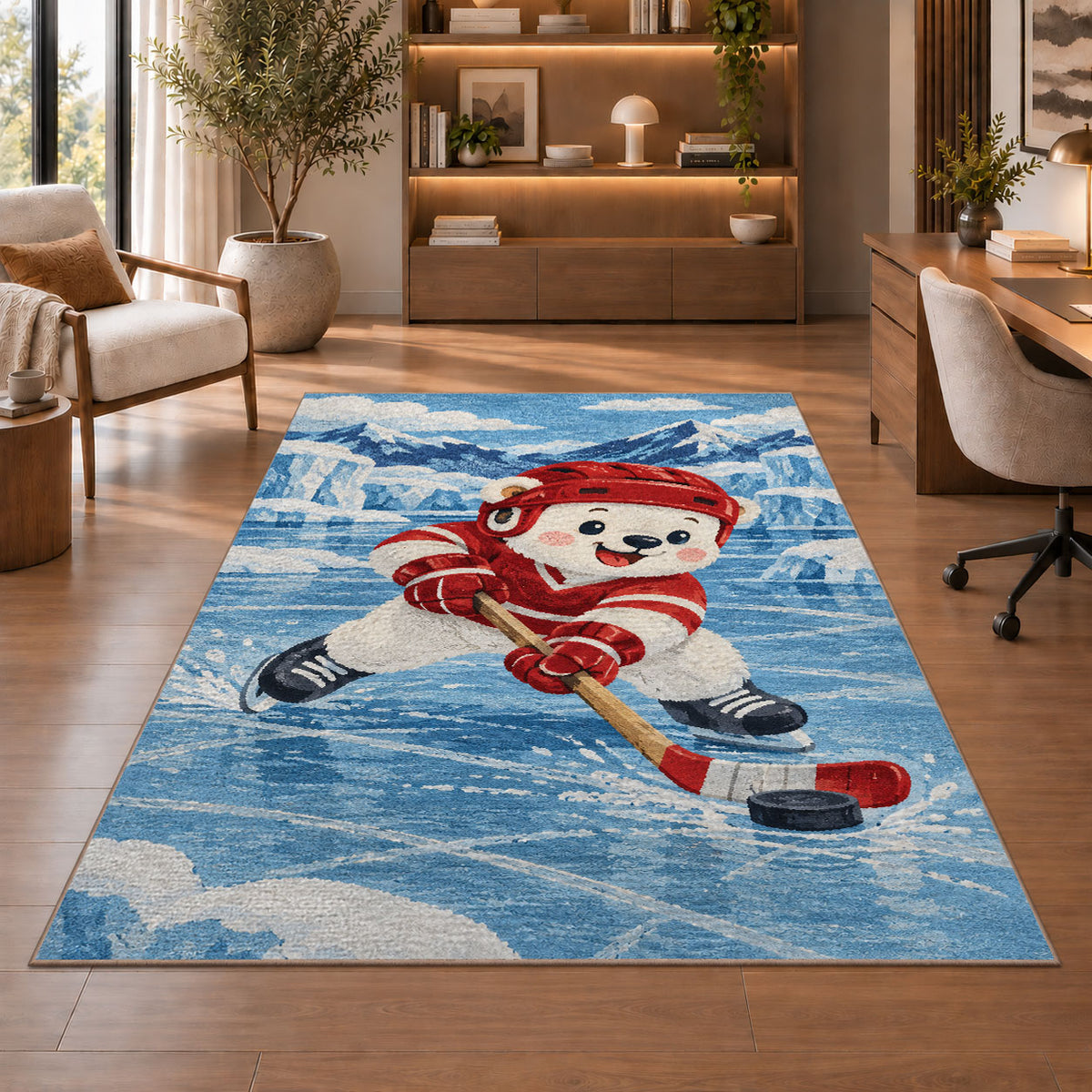 Polar Bear Hockey Player rug in a home office with wooden shelves