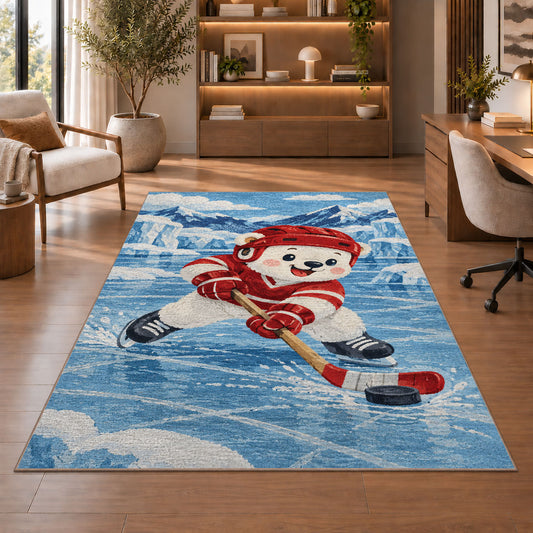 Polar Bear Hockey Player rug in a home office with wooden shelves