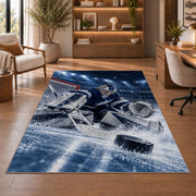 Goalie Making the Save rug in a home office with wooden shelves