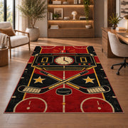 Retro Hockey Scoreboard rug in a home office with wooden shelves