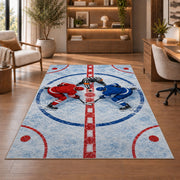 Faceoff at Center Ice rug in a home office with wooden shelves