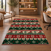 Hockey Christmas Sweater rug in a home office with wooden shelves