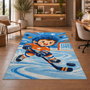 Little Hockey Star rug in a home office with wooden shelves