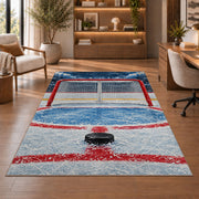 Hockey Goal Front View rug in a home office with wooden shelves