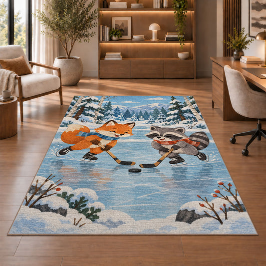 Fox and Raccoon Hockey rug in a home office with wooden shelves