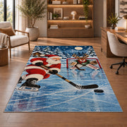 Santa Plays Hockey rug in a home office with wooden shelves