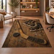 Vintage Hockey Stick and Skates rug in a home office with wooden shelves