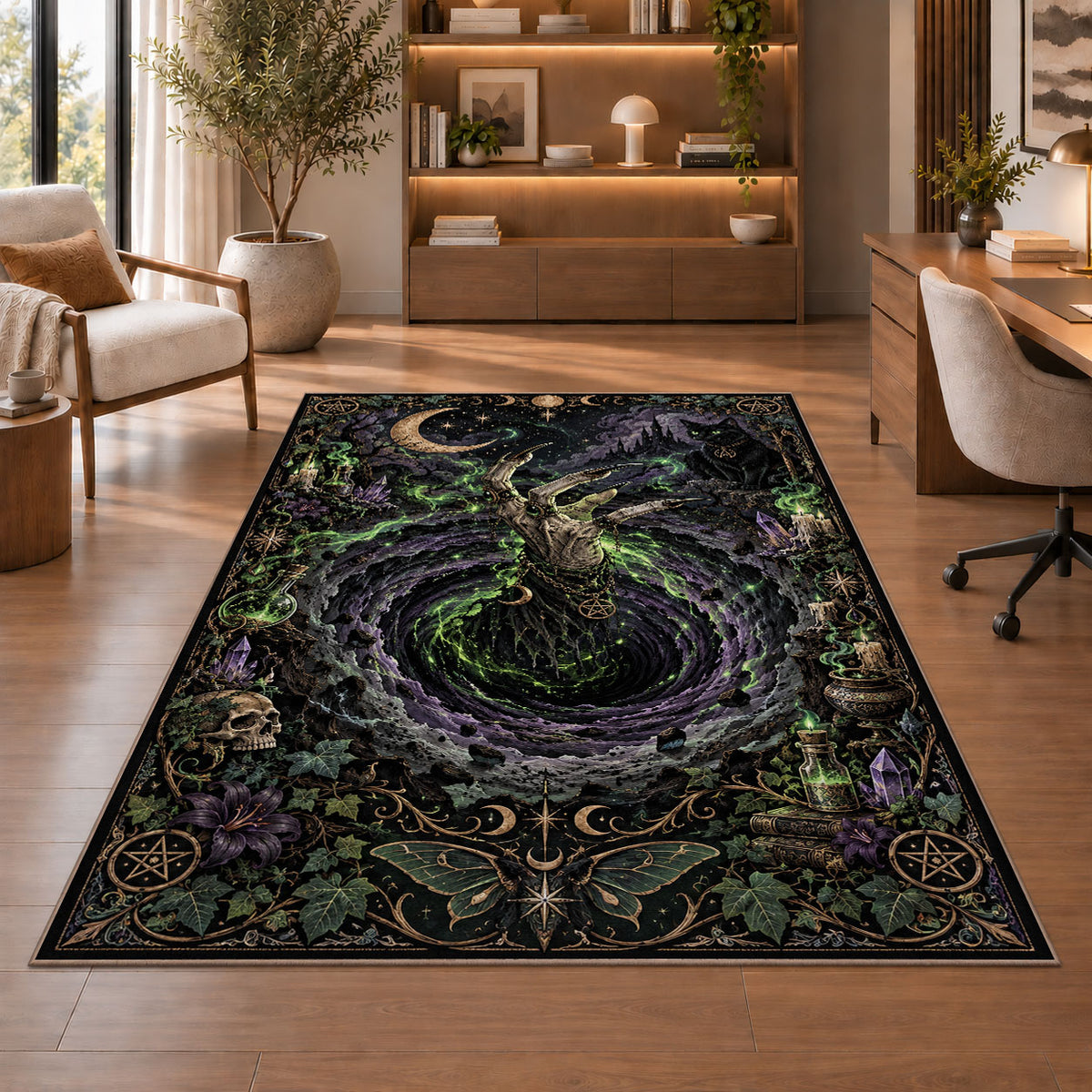 A witch above a green glowing portal with vines, skulls, and mystical borders rug in a sitting room