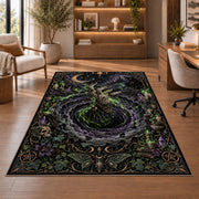 A witch above a green glowing portal with vines, skulls, and mystical borders rug in a sitting room