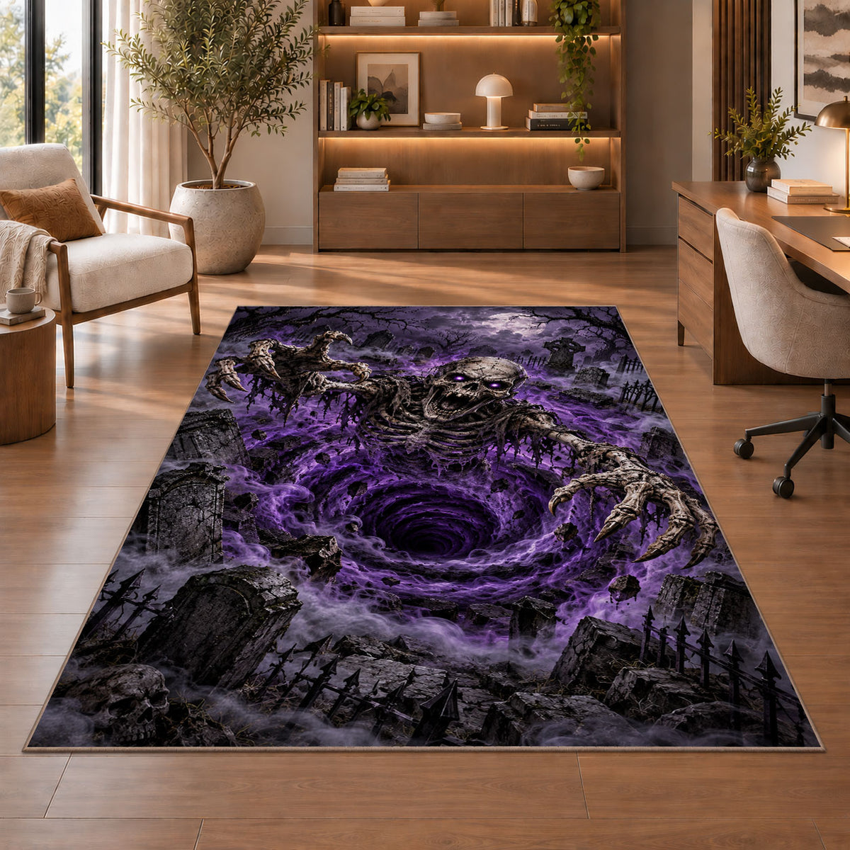 A grinning skeletal creature reaching from a violet vortex above a dark cemetery rug in a sitting room