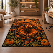 A glowing jack-o-lantern over an orange spiral with pumpkins and curling vines rug in a sitting room