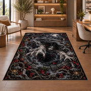 A long-haired ghost above a dark spiral with skulls, cobwebs, and ornate borders rug in a sitting room