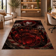 A sinister red-haired clown reaching over a glowing red spiral abyss rug in a sitting room