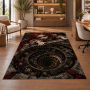An eerie red-haired doll gripping a skull-lined spiral stone well rug in a sitting room