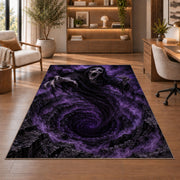 A screaming hooded specter hovering above a purple swirling abyss rug in a sitting room