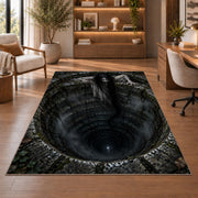 A long-haired ghost leaning over a deep stone well beneath tangled branches rug in a sitting room