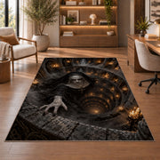 A pale hooded figure emerging from a candlelit spiral stone chamber rug in a sitting room