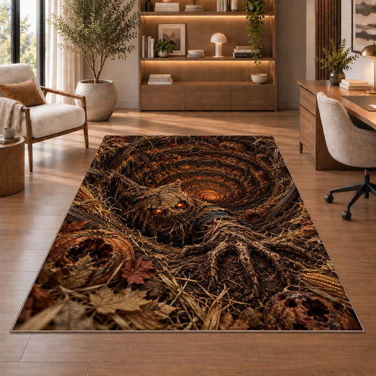 A ragged scarecrow with glowing eyes rising beside an autumn-leaf spiral rug in a sitting room