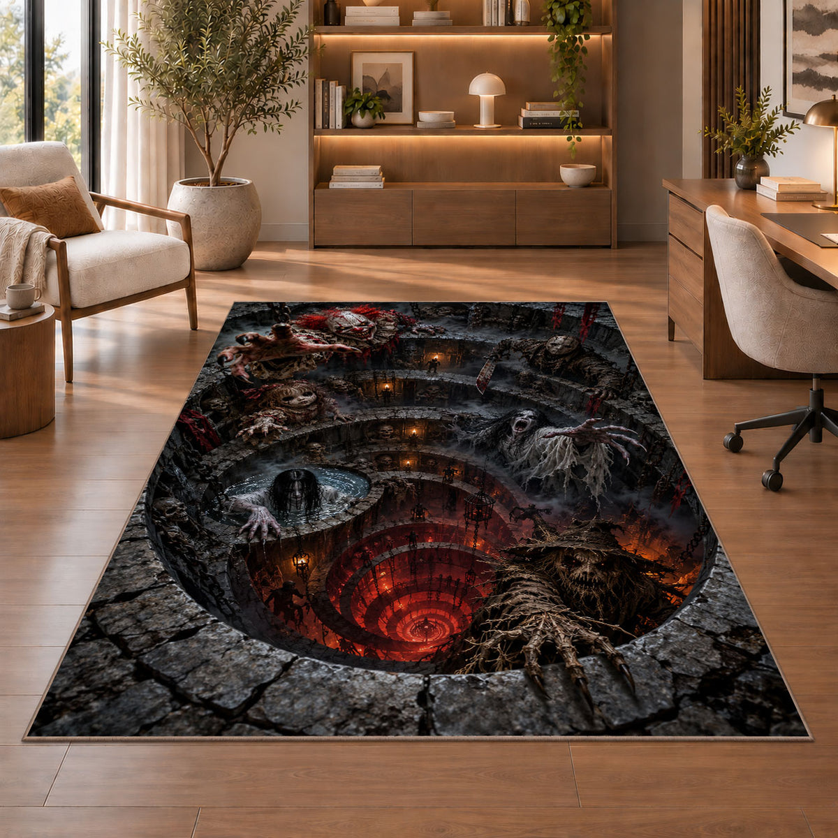 A gathering of eerie creatures surrounding a glowing red spiral pit rug in a sitting room