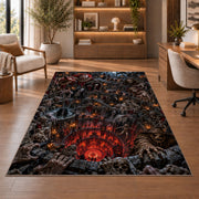 An ensemble of sinister figures framing a fiery descending castle abyss rug in a sitting room