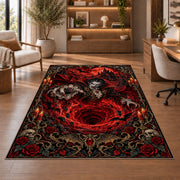 Gothic vampire red vortex area rug in a sitting room with an armchair