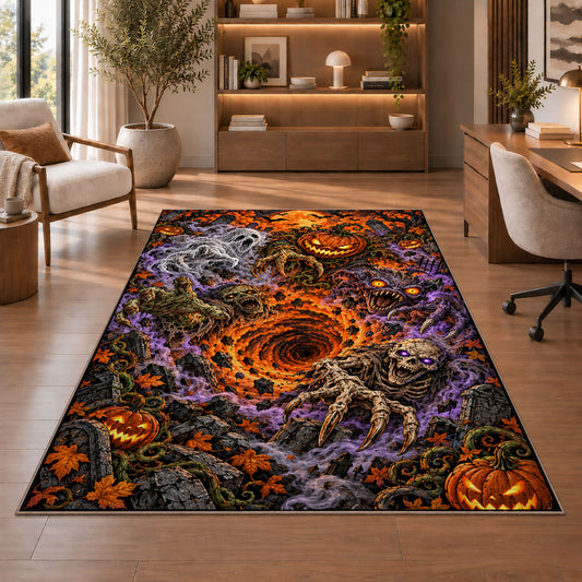 Skeleton and jack-o'-lantern graveyard vortex area rug in a sitting room with an armchair