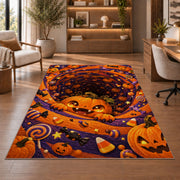 Cute pumpkin and candy spiral area rug in a sitting room with an armchair