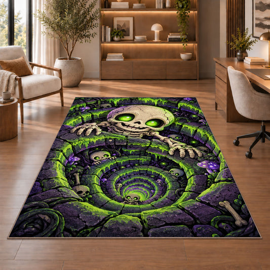 Glowing green skeleton well vortex area rug in a sitting room with an armchair