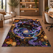 Black cat witch cauldron galaxy area rug in a sitting room with an armchair