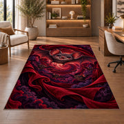 Cute bat red velvet vortex area rug in a sitting room with an armchair