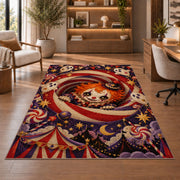 Creepy circus clown spiral area rug in a sitting room with an armchair