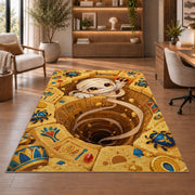 Cute mummy Egyptian tomb area rug in a sitting room with an armchair